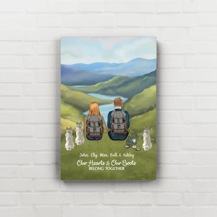 Our Hearts and Our Boots Belong Together - Personalized Gifts Custom Hiking Canvas for Couples, Gift For Hiking Lovers, Dog Lovers