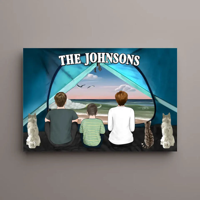 Custom Camping Tent View Three People and Pets - Personalized Gifts Camping Canvas for Family for Couples, Camping Lovers, Dog Cat Lovers