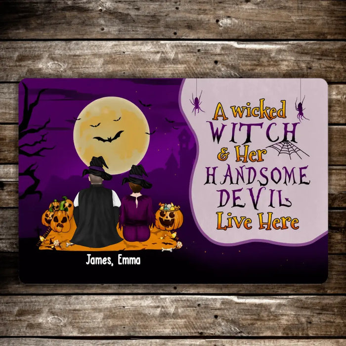 A Wicked Witch Her Handsome Devil Live Here - Personalized Gifts Custom Halloween Doormat For Couples