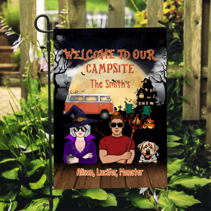Personalized Garden Flag, Welcome To Our Campsite, Halloween Gift For Camping Lovers, Dog Lovers