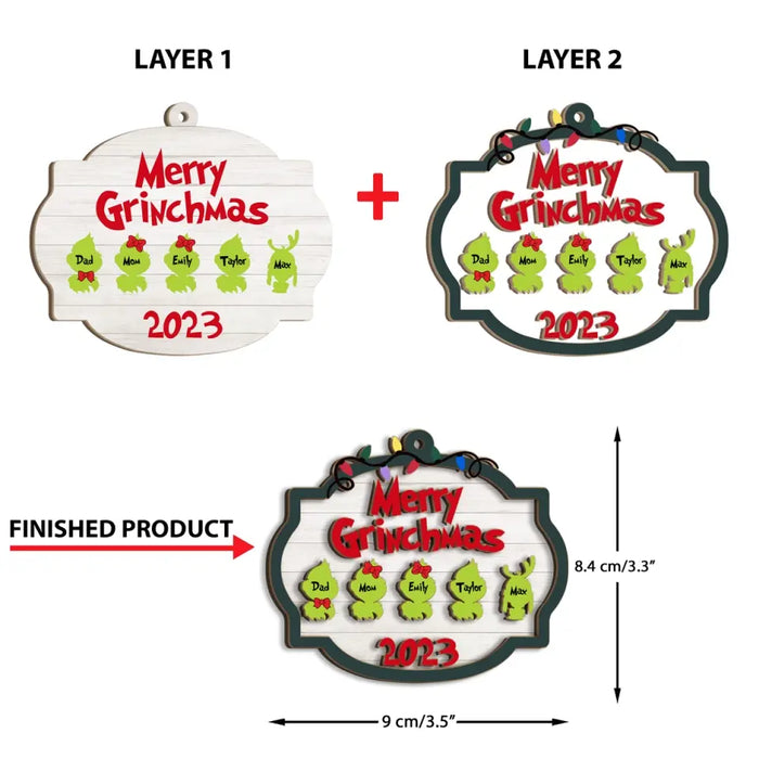 Merry Grinchmas 2023 - Personalized Christmas Gifts Custom 2 Layered Piece Wooden Ornament For Family, Grinch Family Ornament
