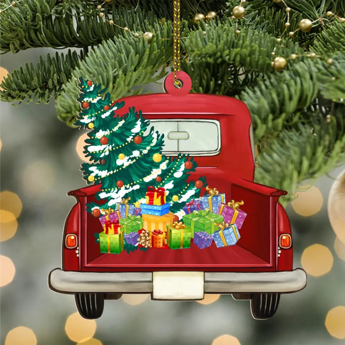 Couple In Red Truck - Personalized Christmas Gifts Custom Wooden Ornament For Couples