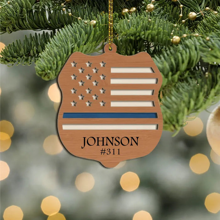Thin Blue Line Police Badge - Personalized Gifts Custom Layered Wooden Ornament For Police Officers