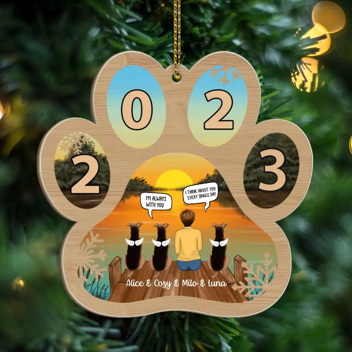 Woman Sitting With Dogs Paw 2023 - Personalized Christmas Gifts Custom Layered Ornament For Dog Mom, Dog Loss Memorial Gifts