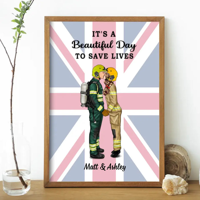 Saving Lives Together Great Britain Flag - Personalized Poster, Couple Portrait, Firefighter, EMS, Nurse, Police Officer, Military Gifts
