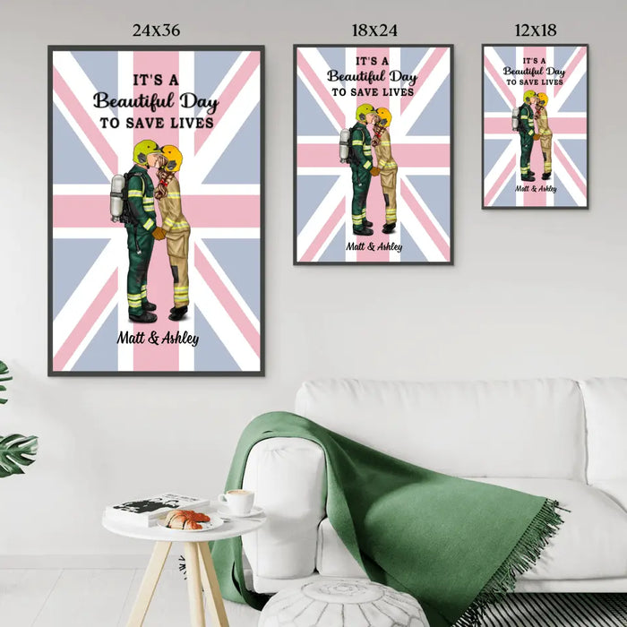 Saving Lives Together Great Britain Flag - Personalized Poster, Couple Portrait, Firefighter, EMS, Nurse, Police Officer, Military Gifts