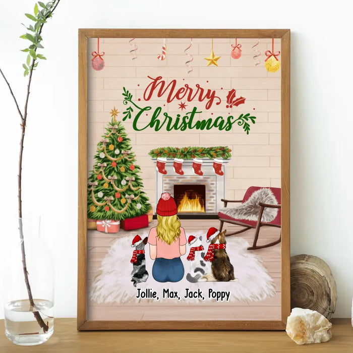 Personalized Poster, Merry Christmas Girl with Pets, Xmas Gift for Her Dog Lovers, Cat Lovers