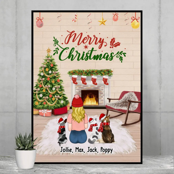 Personalized Poster, Merry Christmas Girl with Pets, Xmas Gift for Her Dog Lovers, Cat Lovers