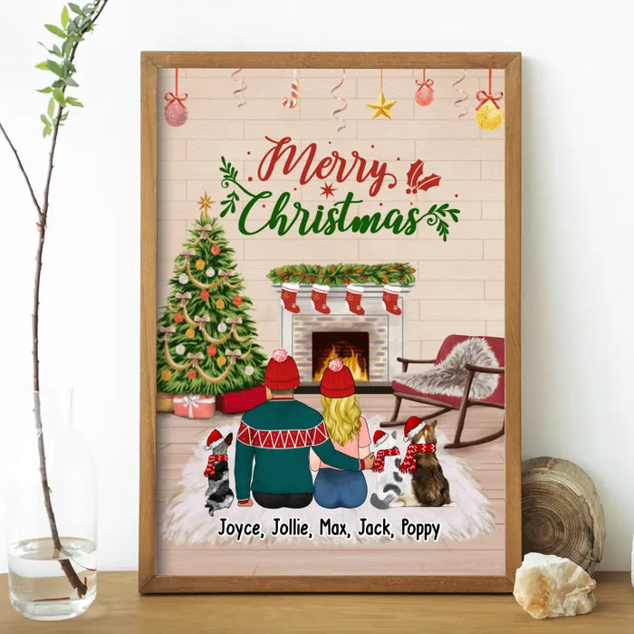 Personalized Poster, Merry Christmas Couples with Pets, Xmas Gift for Dog Lovers, Cat Lovers