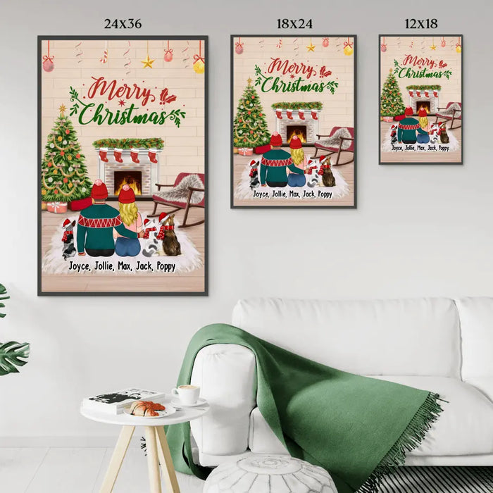 Personalized Poster, Merry Christmas Couples with Pets, Xmas Gift for Dog Lovers, Cat Lovers
