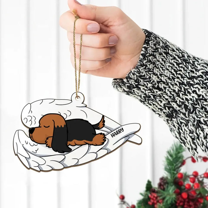 Dog Sleeping In Angel Wings - Personalized Gifts Custom Wooden Ornament For Loss of Pet, Dog Loss Sympathy Gifts