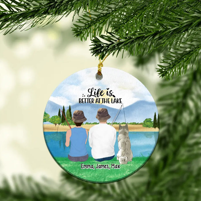 Personalized Ornament, Fishing Couple with Dogs, Christmas Gift for Fishing Lovers