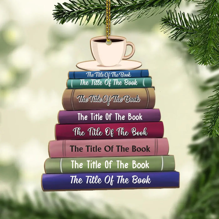 Book Stack With Tea - Personalized Gifts Custom Wooden Ornament For Her, Book Lovers