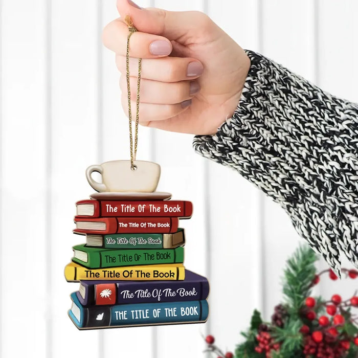 Book Stack With Tea 2 - Personalized Gifts Custom Wooden Ornament For Her, Book Lovers