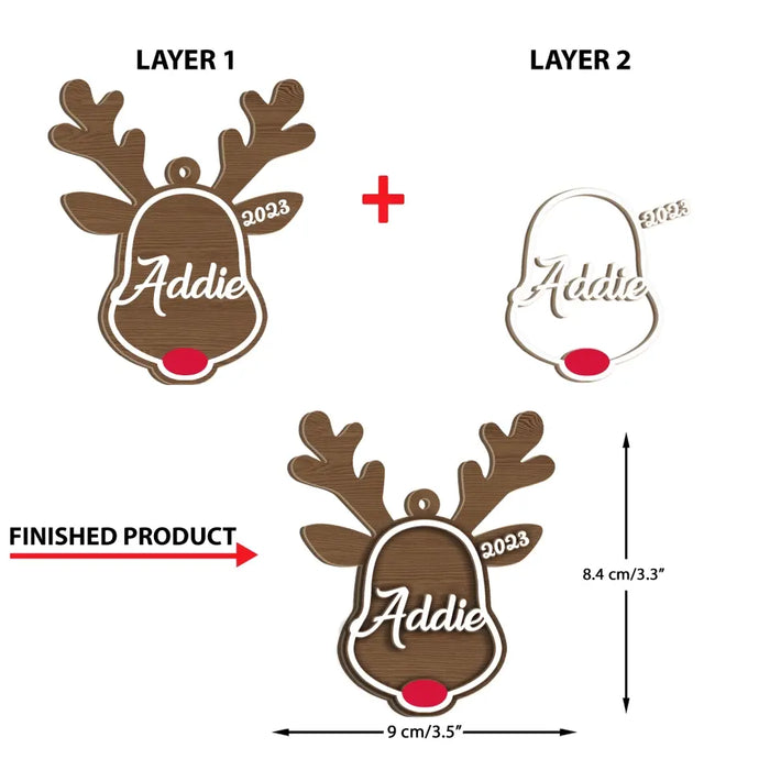 Personalized Reindeer Christmas 2 Layered Wooden Ornament