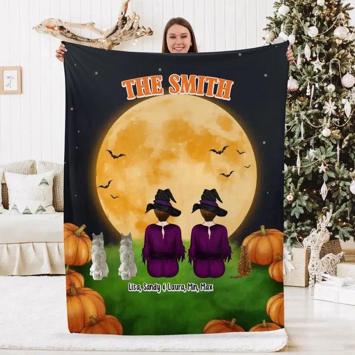 Two Women Portrait With Dogs Cats - Personalized Gifts Custom Halloween Blanket For Dog Lovers, Cat Lovers