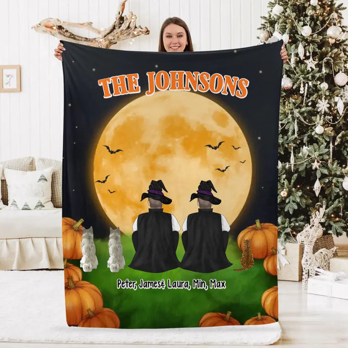Two Men Portrait With Dogs Cats - Personalized Gifts Custom Halloween Blanket For Dog Lovers, Cat Lovers