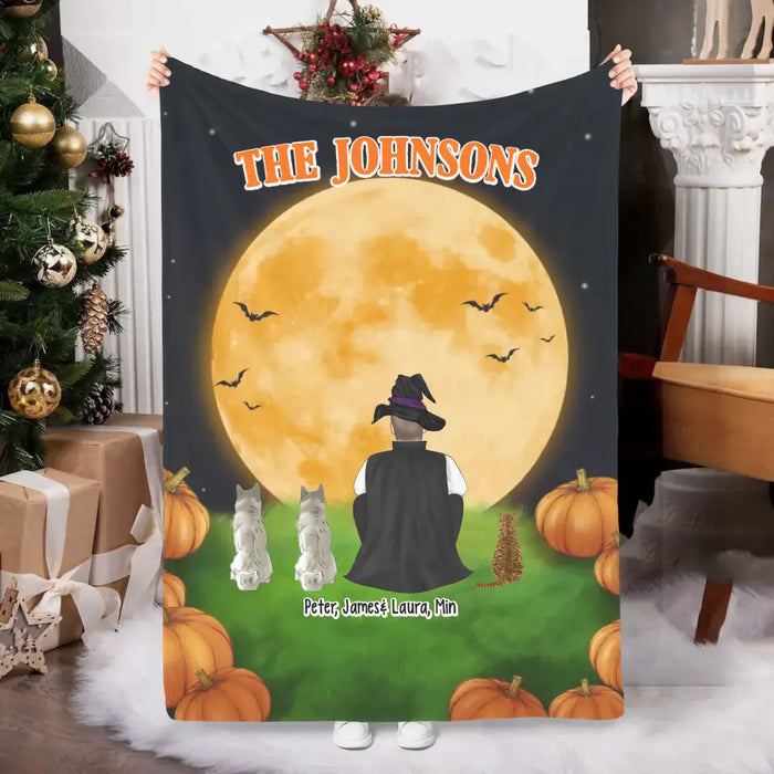 Man With Dogs Cats Portrait - Personalized Gifts Custom Halloween Blanket For Dog Lovers, Cat Lovers