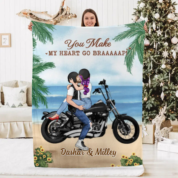 You Make My Heart Go Braaap - Personalized Gifts Custom Motorcycle Blanket For Couples, Motorcycle Lovers