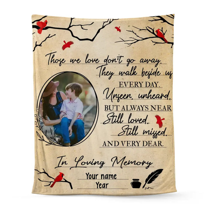 Those We Love Don't Go Away They Walk Beside Us Every Day - Personalized Photo Upload Gifts Custom Memorial Blanket for Mom, for Dad