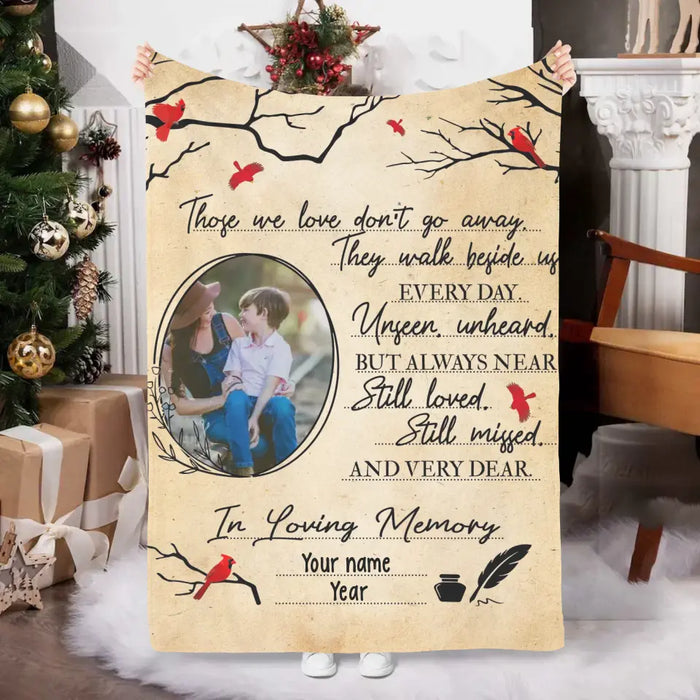 Those We Love Don't Go Away They Walk Beside Us Every Day - Personalized Photo Upload Gifts Custom Memorial Blanket for Mom, for Dad