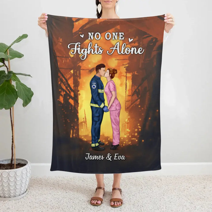 No One Fights Alone Couples - Personalized Blanket Firefighter, EMS, Nurse, Police Officer, Military