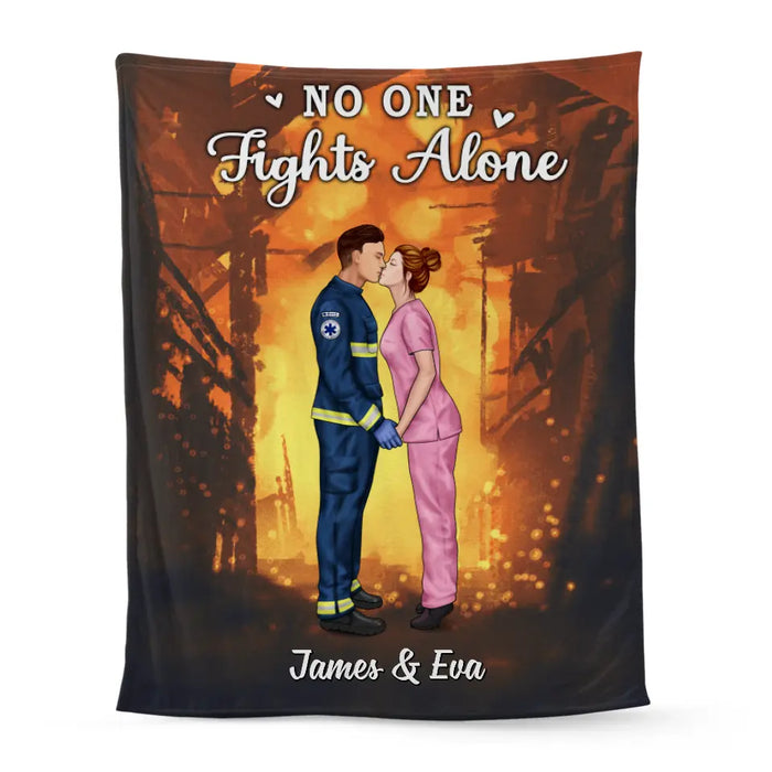 No One Fights Alone Couples - Personalized Blanket Firefighter, EMS, Nurse, Police Officer, Military