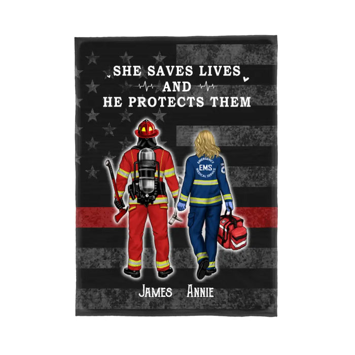 Save Lives Couple Friends - Personalized Blanket Firefighter, EMS, Police Officer, Military, Nurse