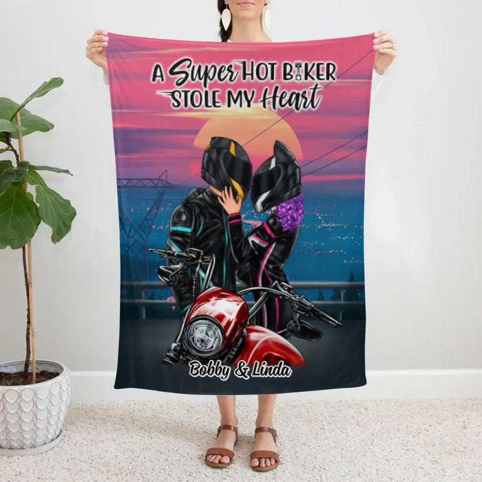 A Super Hot Biker Stole My Heart - Personalized Blanket For Couples, Him, Her, Motorcycle Lovers