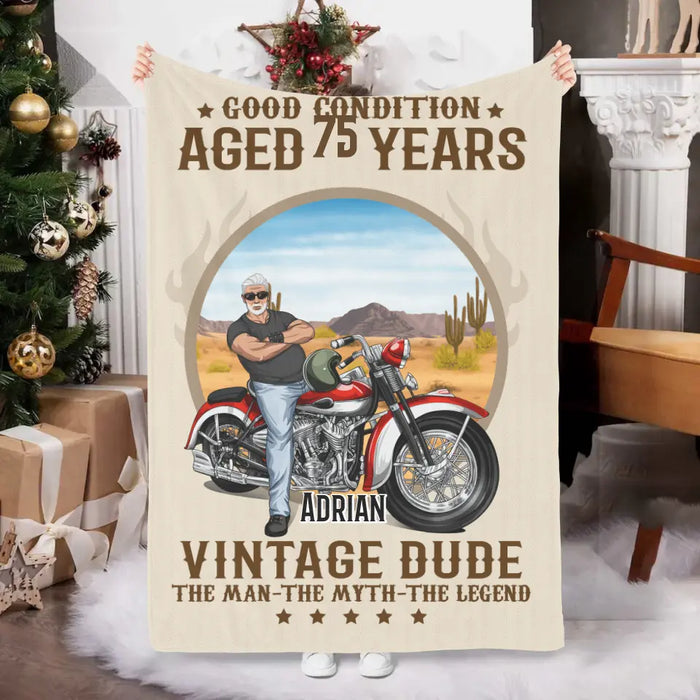 Old Biker Man Vintage Dude - Personalized Blanket For Dad, For Husband, Motorcycle Lovers, Birthday