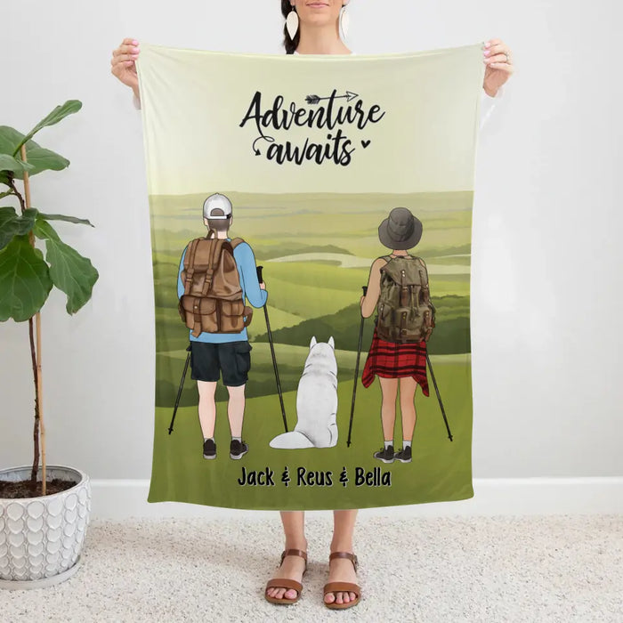 Hiking Couple And Dogs - Personalized Blanket For Her, Him, Dog Lovers, Hiking