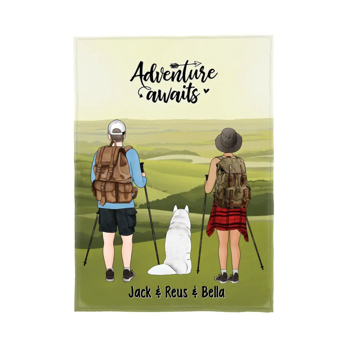 Hiking Couple And Dogs - Personalized Blanket For Her, Him, Dog Lovers, Hiking