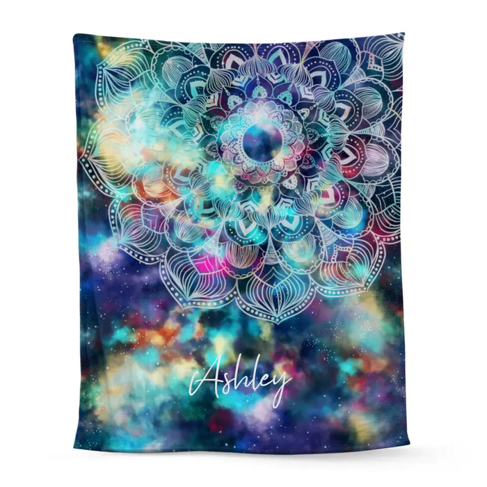 Personalized Blanket, Bohemian Hippie Mandala Flower on Colorful Universe Nebula Background, Gift For Mandala Lovers