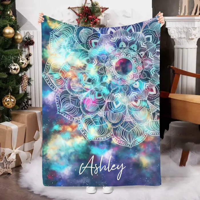 Personalized Blanket, Bohemian Hippie Mandala Flower on Colorful Universe Nebula Background, Gift For Mandala Lovers