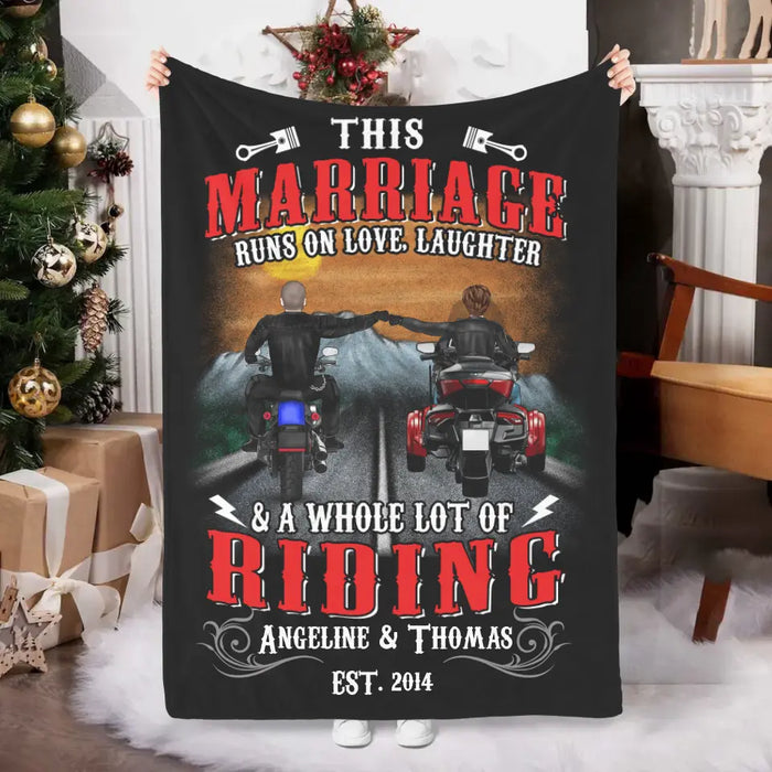 Personalized Blanket, Two Bikers - This Marriage Runs On Riding, Gift for Motorcycle Lovers