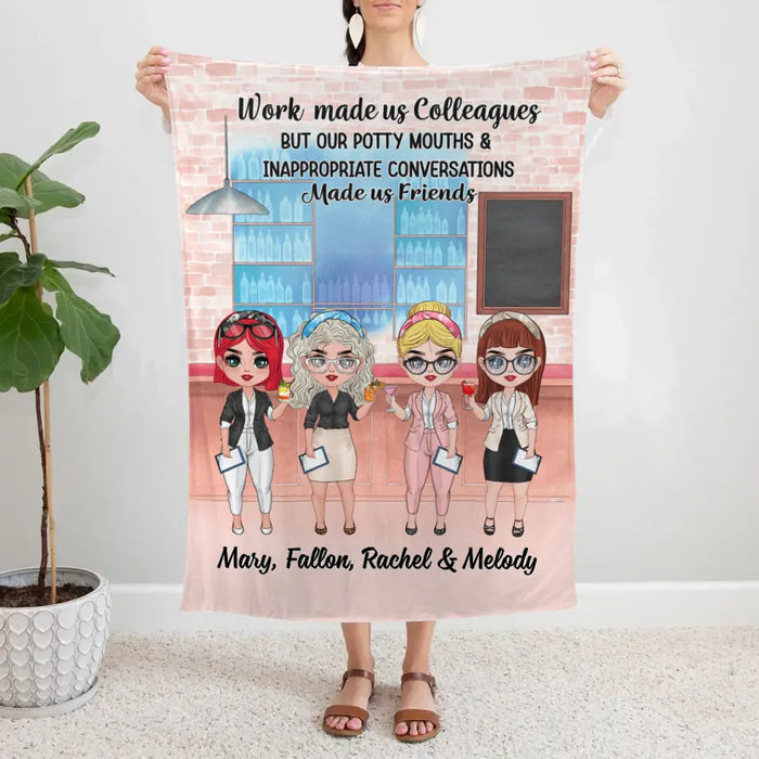 Personalized Blanket, Up To 4 Women, Gift For Friends, Colleagues, Work Made Us Colleagues, Chibi Drinking Sisters At Cocktail Bar