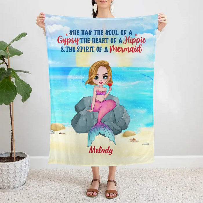 Personalized Blanket, Gift For Mermaid Fans, Drinking Mermaid, She Has The Soul Of A Gypsy