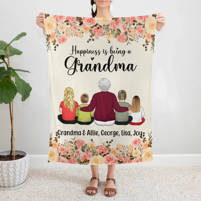 Happiness Is Being A Grandma, Upto 4 Kids - Personalized Gifts Custom Blanket For Grandma