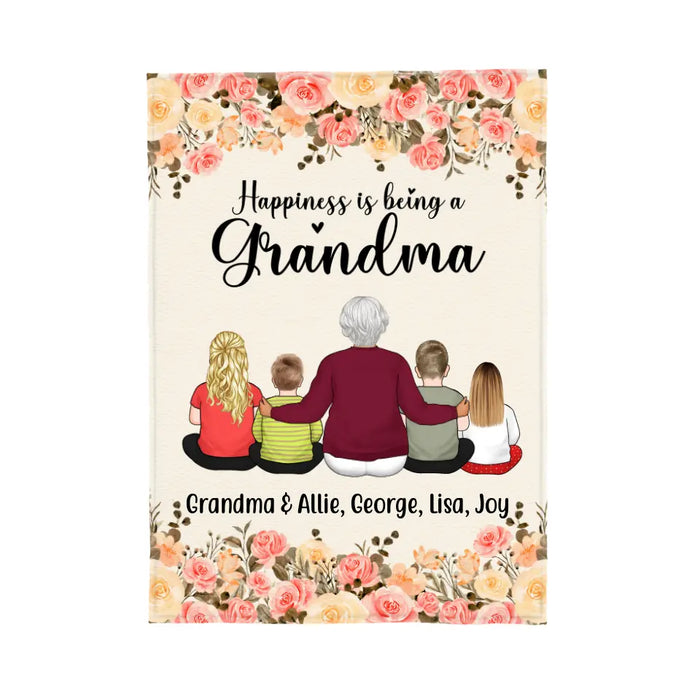 Happiness Is Being A Grandma, Upto 4 Kids - Personalized Gifts Custom Blanket For Grandma