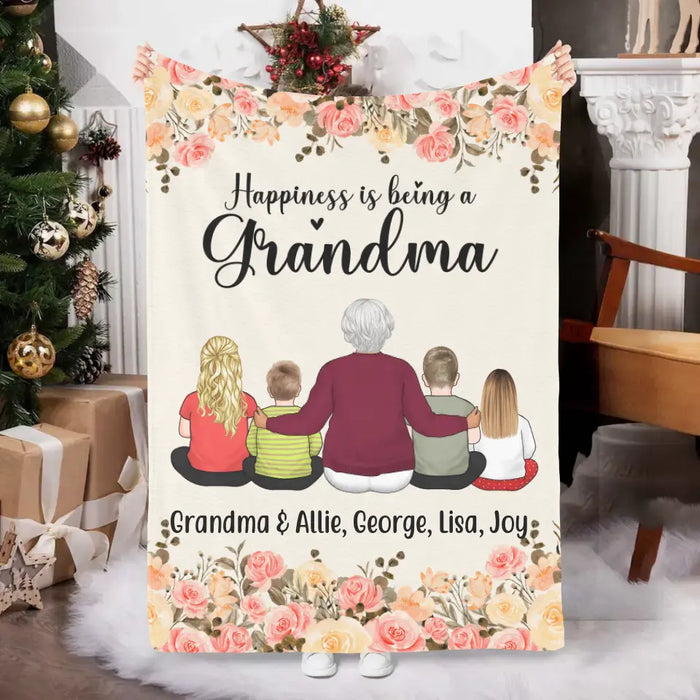 Happiness Is Being A Grandma, Upto 4 Kids - Personalized Gifts Custom Blanket For Grandma