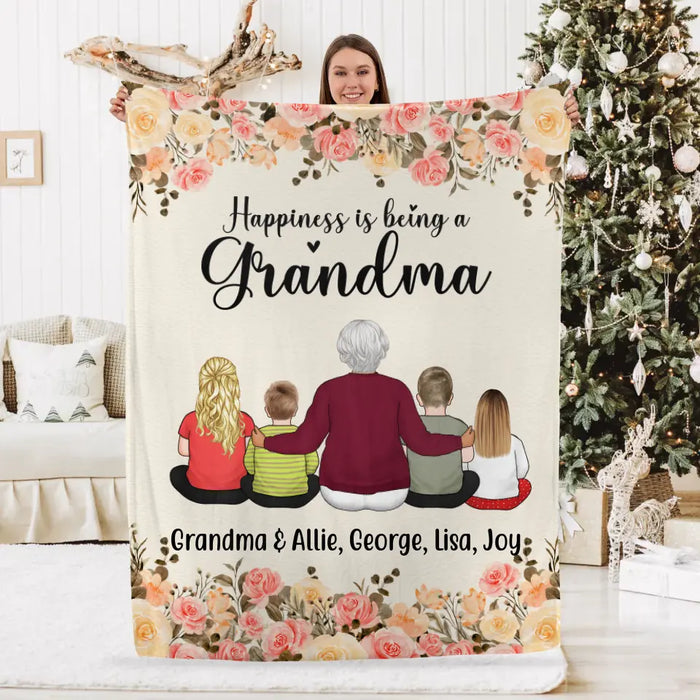 Happiness Is Being A Grandma, Upto 4 Kids - Personalized Gifts Custom Blanket For Grandma