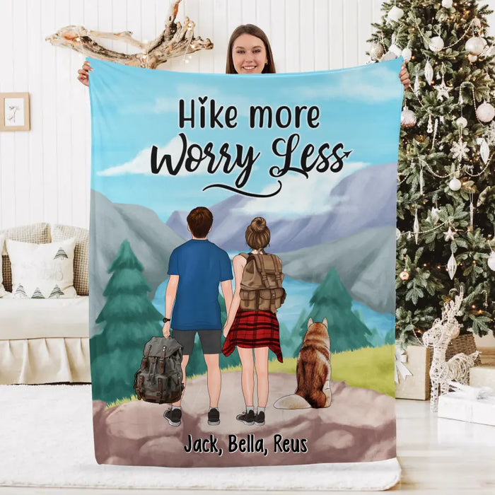 Personalized Blanket, Hiking Couple With Dogs, Gift For Hikers And Dog Lovers