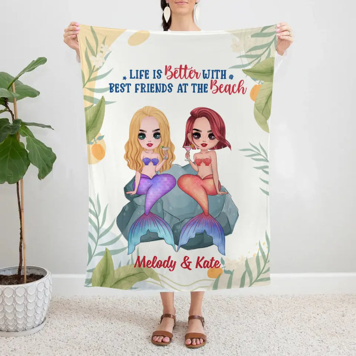 Personalized Blanket, Up To 4 Girls, Gift For Friends, Sisters, Mermaid Besties, Life Is Better With Best Friends At The Beach