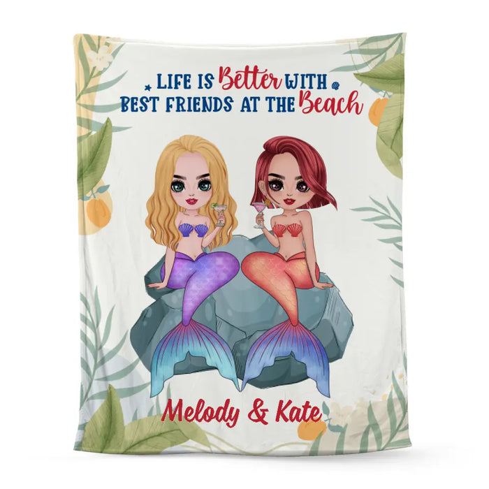 Personalized Blanket, Up To 4 Girls, Gift For Friends, Sisters, Mermaid Besties, Life Is Better With Best Friends At The Beach