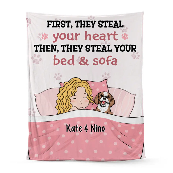 Personalized Blanket, Sleeping With Pets, First They Steal Your Heart Then They Steal Your Bed, Gift For Dog Lovers, Cat Lovers