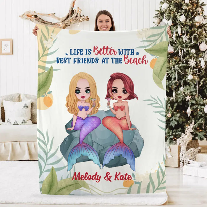 Personalized Blanket, Up To 4 Girls, Gift For Friends, Sisters, Mermaid Besties, Life Is Better With Best Friends At The Beach