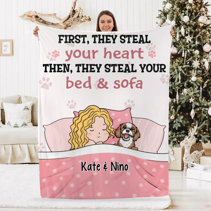 Personalized Blanket, Sleeping With Pets, First They Steal Your Heart Then They Steal Your Bed, Gift For Dog Lovers, Cat Lovers