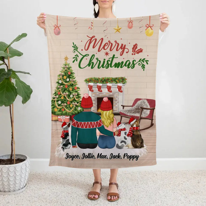 Personalized Blanket, Merry Christmas Couples with Pets, Xmas Gift for Dog Lovers, Cat Lovers