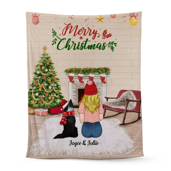 Personalized Blanket, Merry Christmas Girl with Dogs, Xmas Gift for Dog Lovers