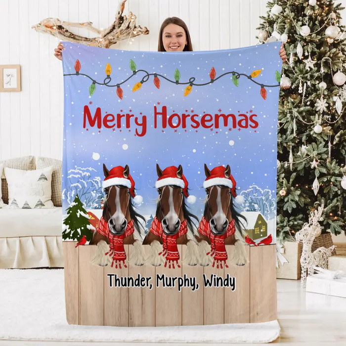 Personalized Blanket, Up To 3 Horses, Joy To The World, Christmas Gift For Horse Lovers
